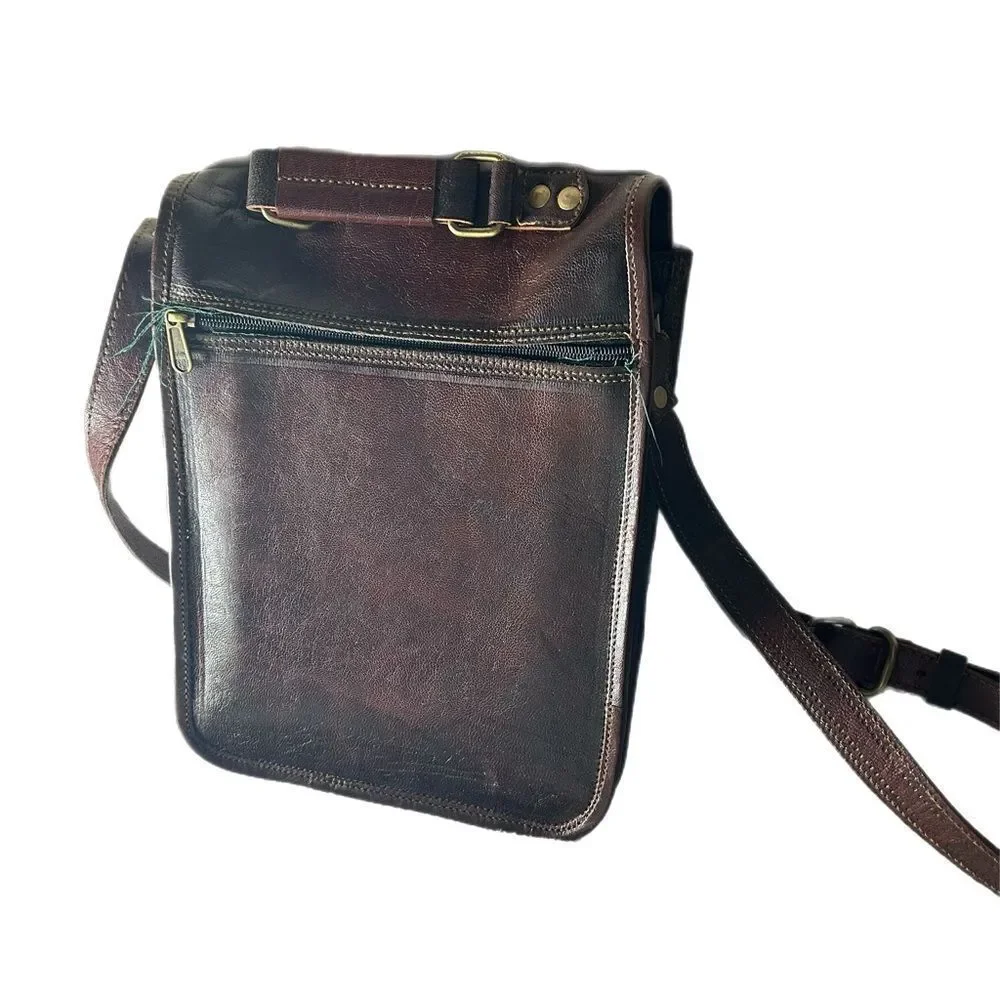 Handmade Brown Genuine Goat Leather Messenger Satchel Bag 9” adjustable Strap